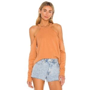 Lovers + Friends Tan CROPPED CREWNECK WITH COLD SHOULDER